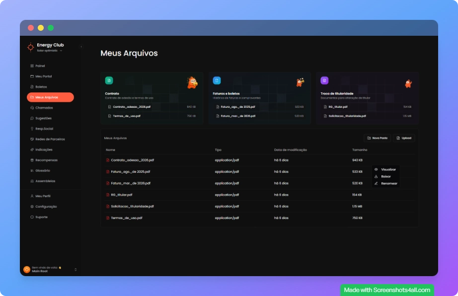 Visão geral do Meus Arquivos