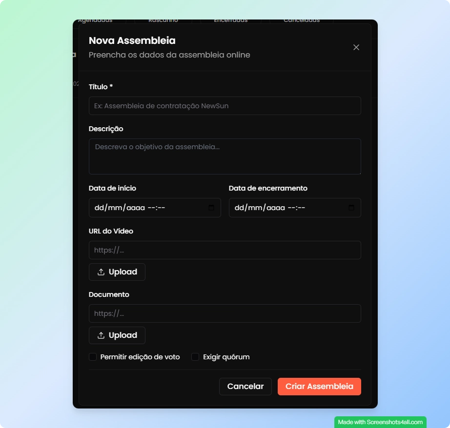 Formulário de criação de assembleia