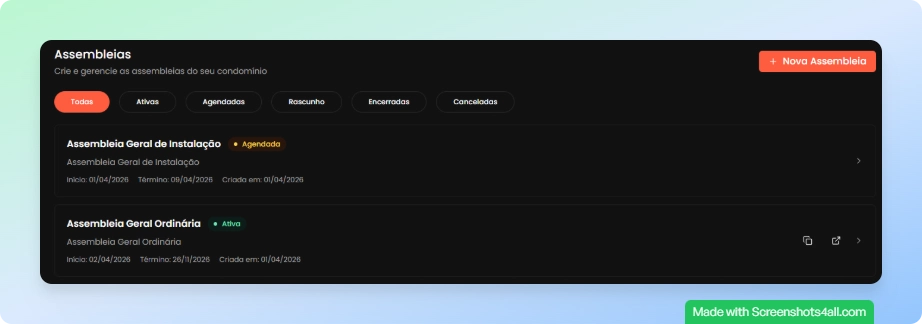 Lista de assembleias com filtros