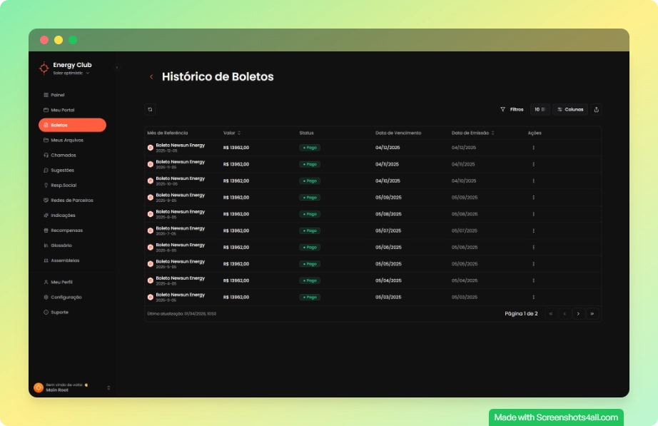 Página de histórico completo de boletos