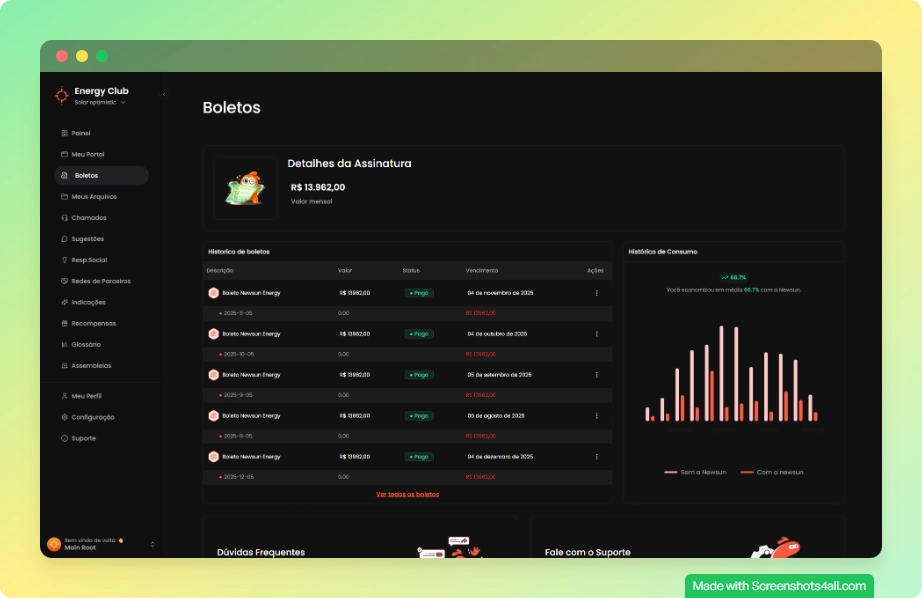 Visão geral da seção de Boletos