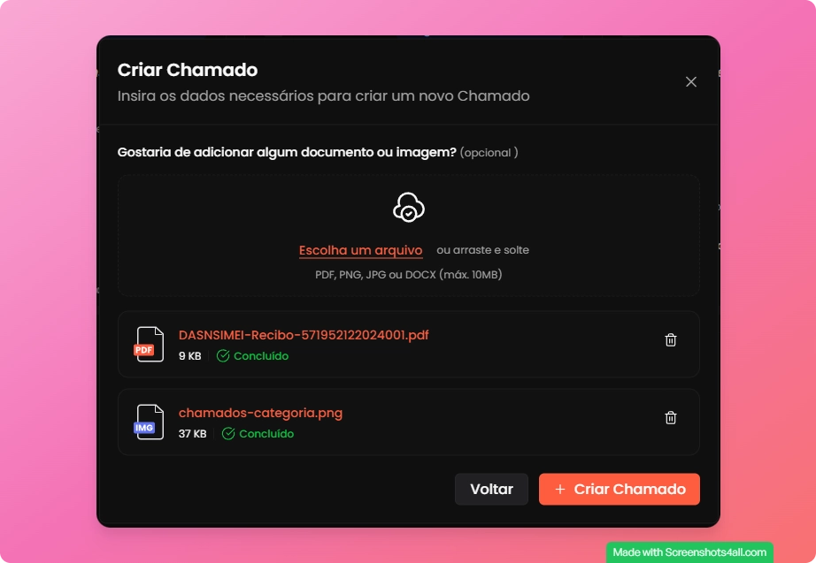 Tela de upload de anexos