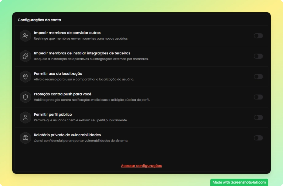 Seção de configurações da conta