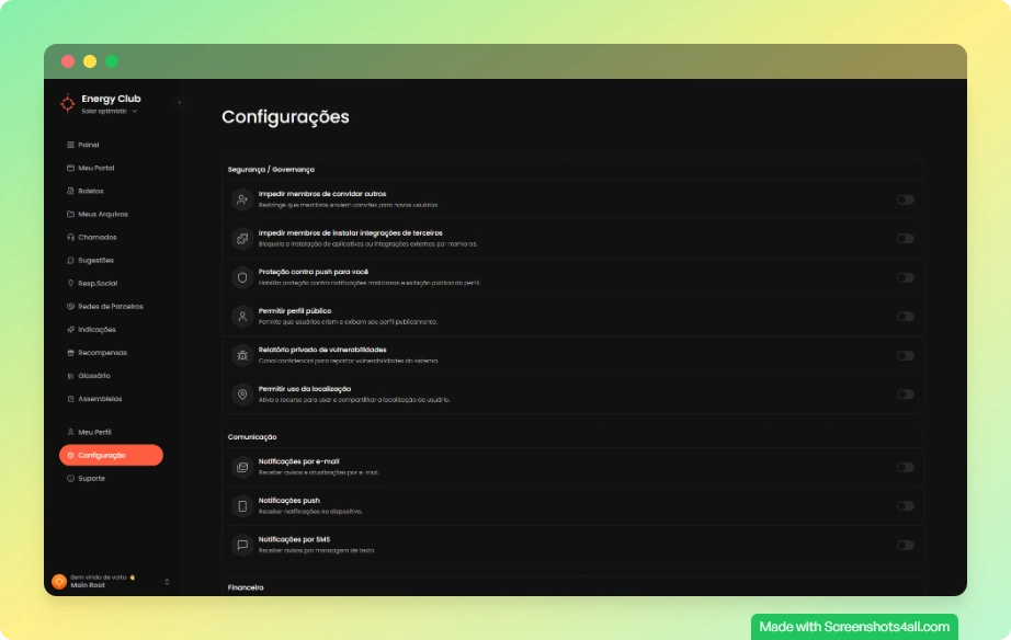Página de configurações