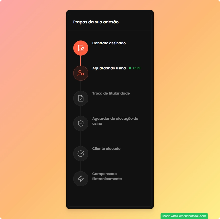 Etapas da adesão na barra lateral do dashboard