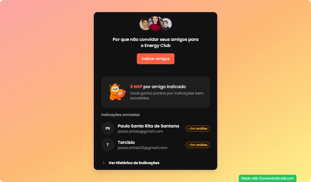 Card de indicações na barra lateral