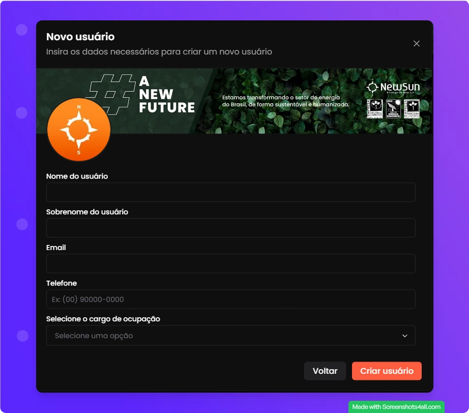 Modal de convite de novo usuário