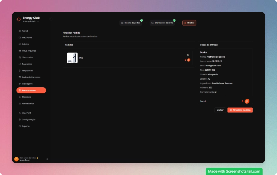 Tela de checkout e confirmação